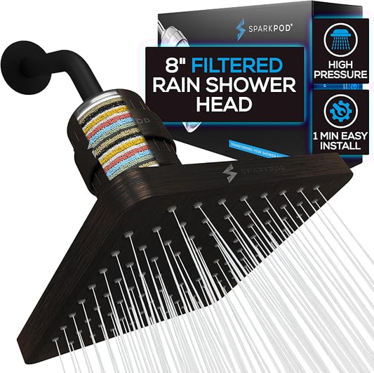 SparkPod Filtered Shower Head, 23-Stage, 8" Square, Oil-Rubbed Bronze | Showerhead for Hard Water, High Pressure, Reduces Chlorine, Heavy Metals, For Dry Skin & Hair, Removable Capsule Filter