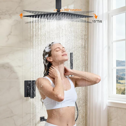 Shower System with Tub Spout, Ceiling Mounted Bathtub Shower Faucet Set, 12" Rainfall Shower Head and Handheld Shower Combo, High Pressure Shower Fixtures Set with Rough-in Valve, Matte Black