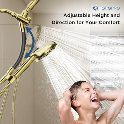 Dual Filtered Handheld Shower Heads Combo, HOPOPRO 15-Mode High Pressure Rainfall Showerheads Combo Set with Filter, for Hard Water, Removes Chlorine, Improves Skin Hair Condition, Modern Gold