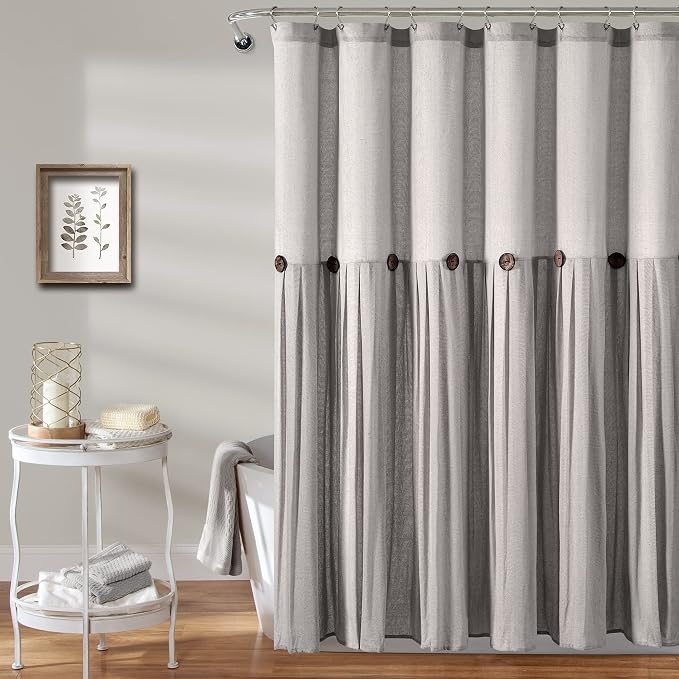 Lush Decor Linen Button Farmhouse Shower Curtain, 72" W x 78" L, Gray & Off White - Extra Long Shower Curtains - Gray Shower Curtain Fabric - Farmhouse Bathroom Decor
