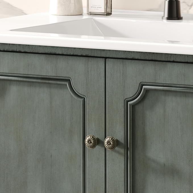 Merax 30" Vintage Bathroom Vanity with Sink, Bathroom Storage Vanity Cabinet with 2 Doors & Rubber Wood Legs & Adjustable Shelves & Antique Handles, Soft-Close Hinges, Antique Blue