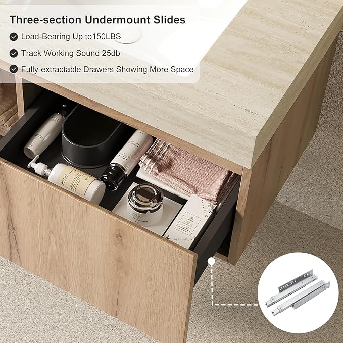 Ambrovina 36" Floating Bathroom Vanity with Sink, Wall Mounted Storage Vanities with Drawer and Door, Roma Travertine-Pattern Countertop and 3 Pre-drilled Faucet Holes Ceramic Basin, Light Oak