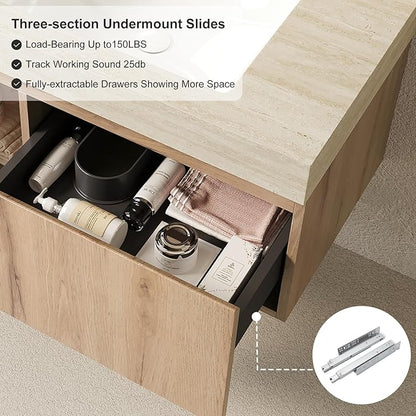 Ambrovina 36" Floating Bathroom Vanity with Sink, Wall Mounted Storage Vanities with Drawer and Door, Roma Travertine-Pattern Countertop and 3 Pre-drilled Faucet Holes Ceramic Basin, Light Oak