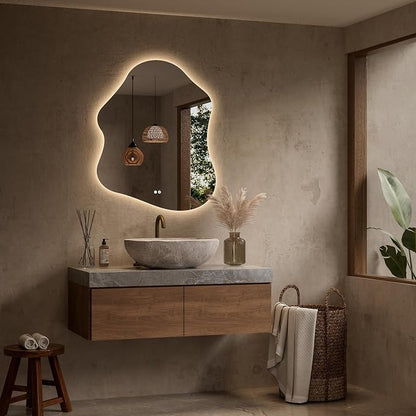 Keonjinn Irregular Backlit Bathroom Mirror 30 x 36 Inch, HD Tempered Glass | Asymmetrical Cloud Bathroom Mirror with Lights, 3 Color Lights, Dimmable, Fast Anti-Fog, Memory Function, Horizontal/Vertical