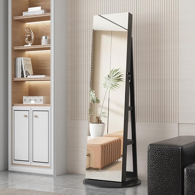 Lockable Mirror Jewelry Cabinet Standing, Full Length Mirror with Storage, 360° Swivel Jewelry Organizer Armoire, Black