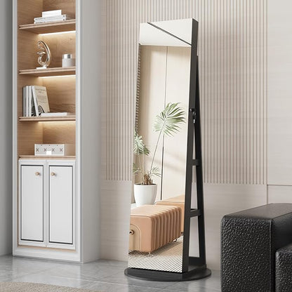 Lockable Mirror Jewelry Cabinet Standing, Full Length Mirror with Storage, 360° Swivel Jewelry Organizer Armoire, Black