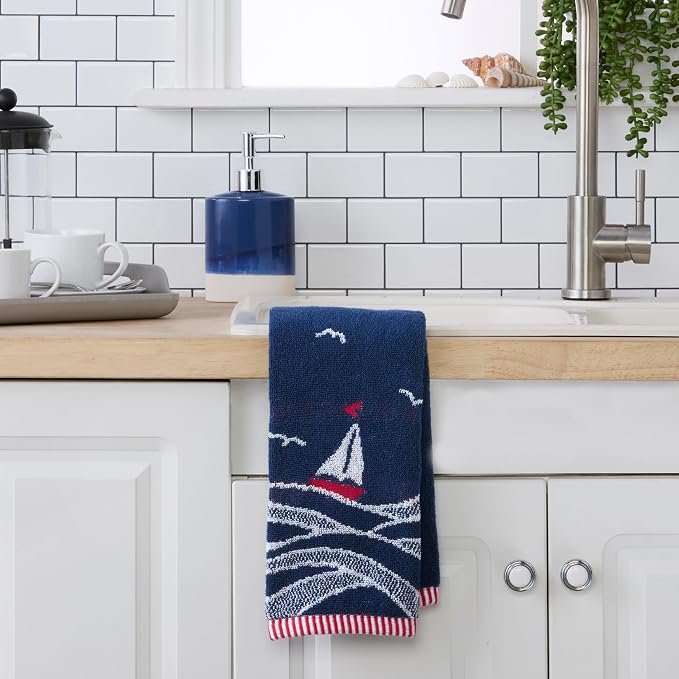 SKL Home Nautical Sailboat Waves Hand Towel Set-2pc, 100% Cotton, Navy | Plush, absorbent & reversible. Great for everyday & coastal/beach décor in the bathroom, kitchen, bar or any sink space.