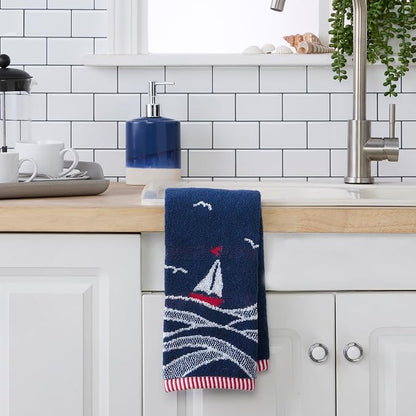 SKL Home Nautical Sailboat Waves Hand Towel Set-2pc, 100% Cotton, Navy | Plush, absorbent & reversible. Great for everyday & coastal/beach décor in the bathroom, kitchen, bar or any sink space.