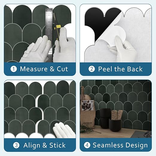 SUNWINGS 10-Sheet Fish Scale Peel and Stick Backsplash Tile, 11.4'' x 10.9" Stone Composite Scallop Handmade Looks Self-Adhesive Wall Tiles for Kitchen Bathroom, Green