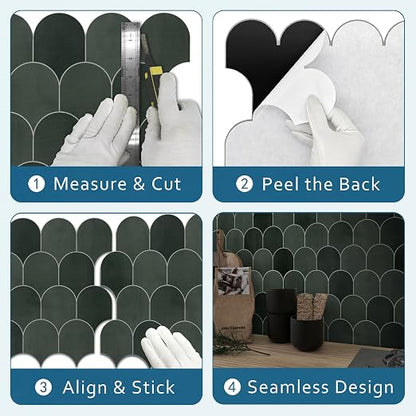 SUNWINGS 10-Sheet Fish Scale Peel and Stick Backsplash Tile, 11.4'' x 10.9" Stone Composite Scallop Handmade Looks Self-Adhesive Wall Tiles for Kitchen Bathroom, Green