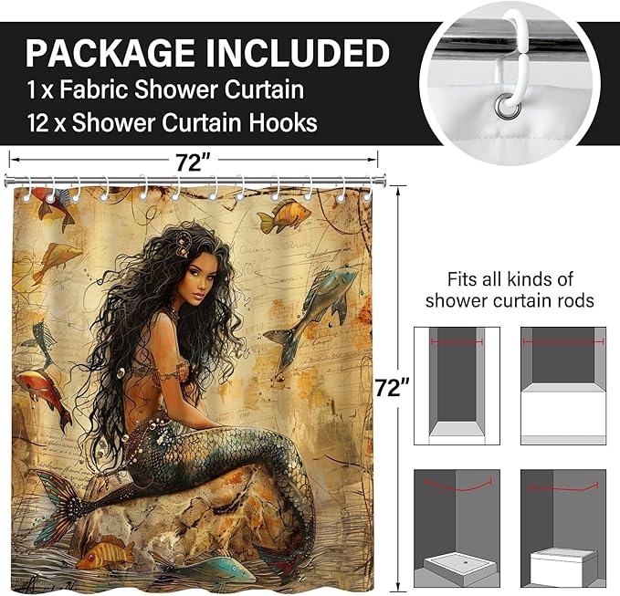 Vintage Mermaid Shower Curtains,Earth Tone Ocean Theme Fish Shower Curtains for Bathroom,Funny Waterproof Polyester Mermaid Bathroom Decor,72x72 Inch