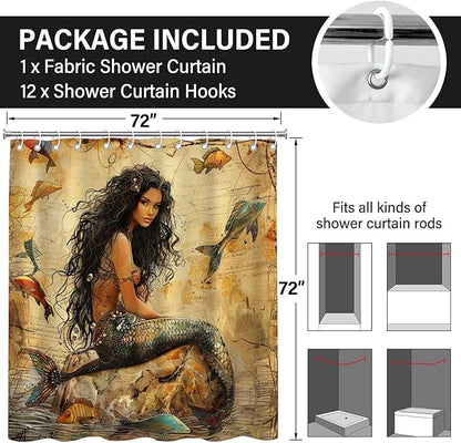 Vintage Mermaid Shower Curtains,Earth Tone Ocean Theme Fish Shower Curtains for Bathroom,Funny Waterproof Polyester Mermaid Bathroom Decor,72x72 Inch