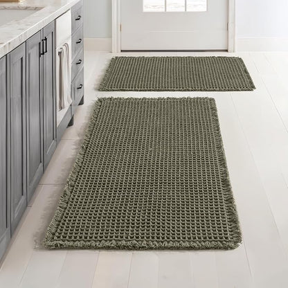 MIULEE Set of 2 Waffle Bathroom Rugs Boho Bath Mat Green 17"x24"+20"x32" | Non Slip, Super Absorbent, Washable, Ultra Soft, Rubber Backed Bath Rugs for Bathroom Floor Tub Shower