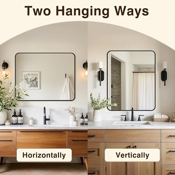 Vanity Bathroom Mirror, 30”x24” Black Bathroom Mirror for Over Sink | HD Tempered Glass, Anti-Rust Frame, Vertical or Horizontal, Wall Mirrors for Bathroom Sink, Living Room, Entryway, Bedroom