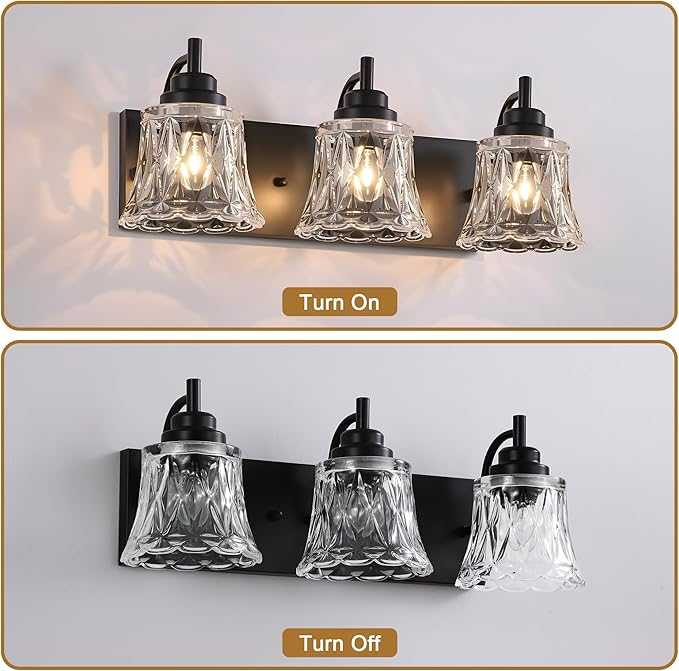 Bathroom Light Fixtures, 3 Lights Black Vanity Lights for Bathroom, Matte Black Antique Finish with Crystal Glass Shade, Farmhouse Lighting Fixtures Over Mirror for Bedroom, Living Room