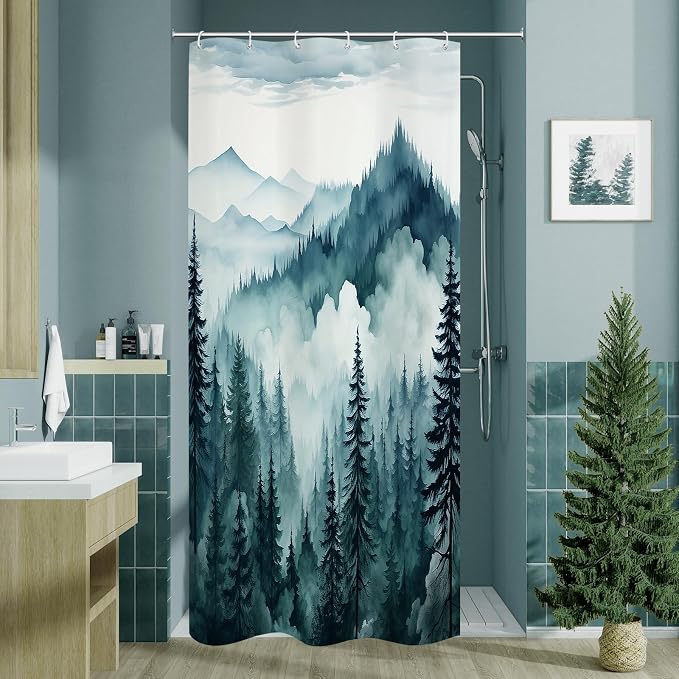 Litabel Peacock Blue Small Stall Misty Pine Forest Shower Curtain 36 x 72, Mountain Foggy Woodland Scenery Tree Narrow Half Size Shower Curtains for Bathroom, Abstract Waterproof Nature-Themed Decor