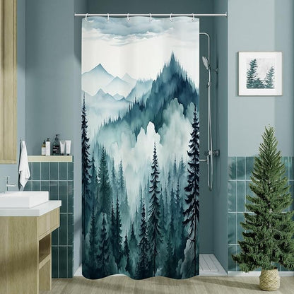 Litabel Peacock Blue Small Stall Misty Pine Forest Shower Curtain 36 x 72, Mountain Foggy Woodland Scenery Tree Narrow Half Size Shower Curtains for Bathroom, Abstract Waterproof Nature-Themed Decor