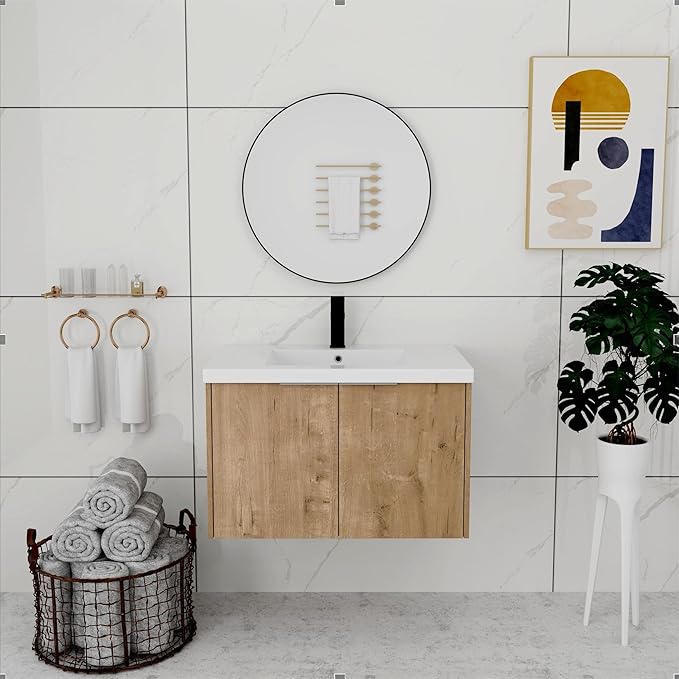 30 Inch Bathroom Vanity with Sink, Modern Wall Mount Floating Bathroom Vanity Set, Brown Vanity, Ceramic Sink and Soft Close Door