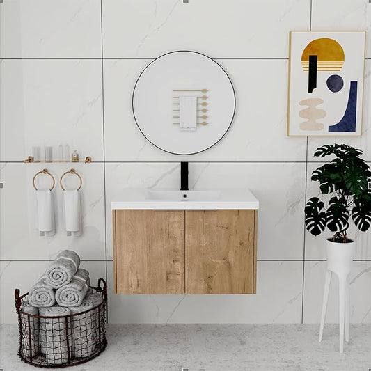 30 Inch Bathroom Vanity with Sink, Modern Wall Mount Floating Bathroom Vanity Set, Brown Vanity, Ceramic Sink and Soft Close Door
