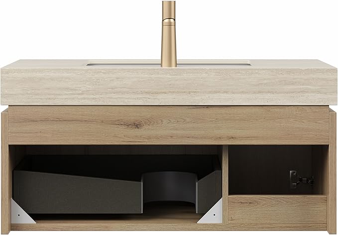 Ambrovina 36 inch Bathroom Vanity with Sink, Wall Mounted Storage Vanities with Drawer and Door, Roma Travertine-Pattern Countertop and Ceramic Basin, Pre-Assembled Cabinet, Light Wooden Color