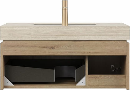 Ambrovina 36 inch Bathroom Vanity with Sink, Wall Mounted Storage Vanities with Drawer and Door, Roma Travertine-Pattern Countertop and Ceramic Basin, Pre-Assembled Cabinet, Light Wooden Color
