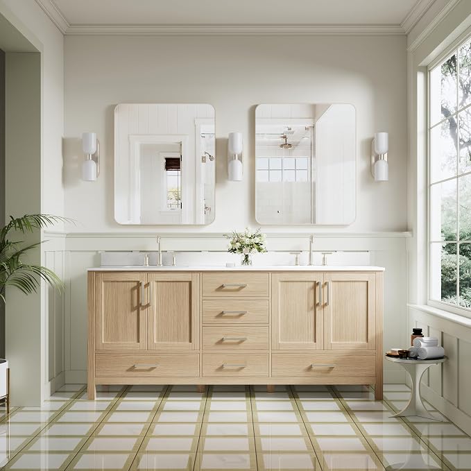 80-Inch Bathroom Vanity with Sink, 4 Soft-Close Doors and 6 Soft-Close Drawers, Bathroom Freestanding Vanity with Cultured Marble Countertop, Oak Vanity with Brushed Nickel Handles