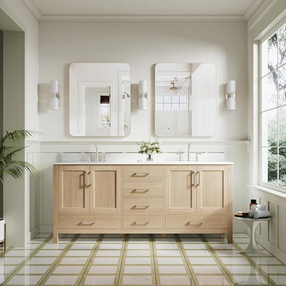 80-Inch Bathroom Vanity with Sink, 4 Soft-Close Doors and 6 Soft-Close Drawers, Bathroom Freestanding Vanity with Cultured Marble Countertop, Oak Vanity with Brushed Nickel Handles
