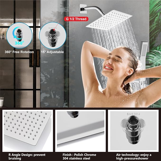 Midanya Shower System with Tub Spout,8 Inch Shower Head,Polish Chrome | with Valve & Trim Kit,Square Rain Head,Handheld Sprayer,Waterfall Spout,All Metal Wall Mount Bathroom Shower Tub Faucet Set
