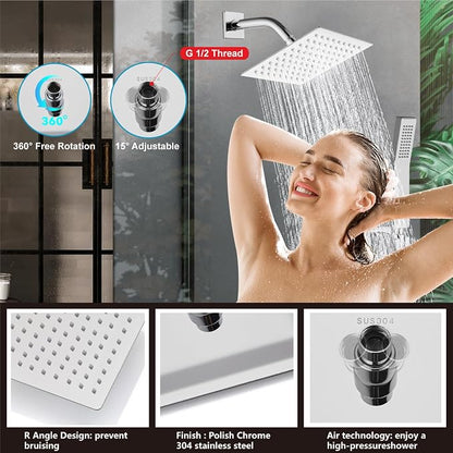 Midanya Shower System with Tub Spout,8 Inch Shower Head,Polish Chrome | with Valve & Trim Kit,Square Rain Head,Handheld Sprayer,Waterfall Spout,All Metal Wall Mount Bathroom Shower Tub Faucet Set