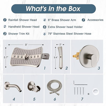 BRIGHT SHOWERS Dual Shower Head System with Handheld and Rainfall Shower, Shower Faucet Set with Valve and Trim Kit, Includes 79-Inch Stainless Steel Hose, Brushed Nickel