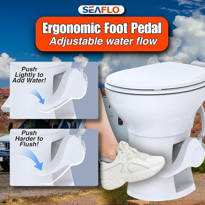 SEAFLO Residential Height Camper/RV Toilet with Elongated Ceramic Bowl, 19” Standard Height, Gravity Flush System, Foot Pedal Operation, Soft Close Seat, 4-Year Warranty