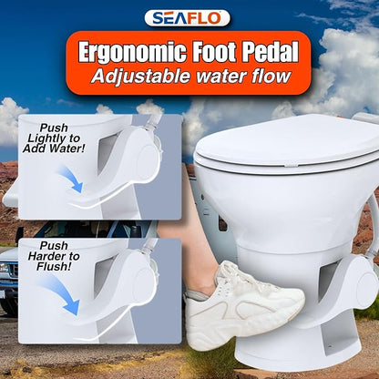SEAFLO Residential Height Camper/RV Toilet with Elongated Ceramic Bowl, 19” Standard Height, Gravity Flush System, Foot Pedal Operation, Soft Close Seat, 4-Year Warranty