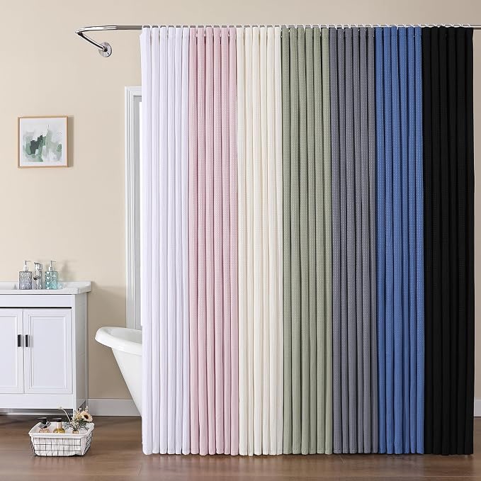 Long Fabric Shower Curtain Set, Waffle Textured Shower Curtain for Bathroom - Weight 230GSM Heavy Duty Hotel Spa Luxury Bath Curtain Set with 12 Plastic Hooks, 72x78, Black