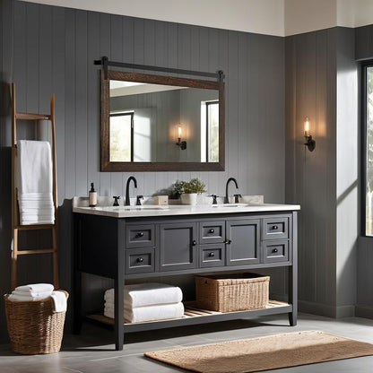 COGOOD Farmhouse Bathroom Mirrors for Over Sink - 26 x 41 Black Brown | Rustic Barn Door Wood Framed Vanity Mirror for Entryway, Living Room, Bedroom, Dresser Wall Decor
