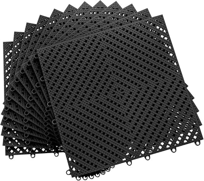 12-Pcs Interlocking Tile, Indoor/Outdoor Drainage Interlocking Floor Tiles 11.8" x 11.8", Anti-Slip Waterproof Soft PVC Splicing Flooring Tile for Garage Patio Pool Bathroom, Black