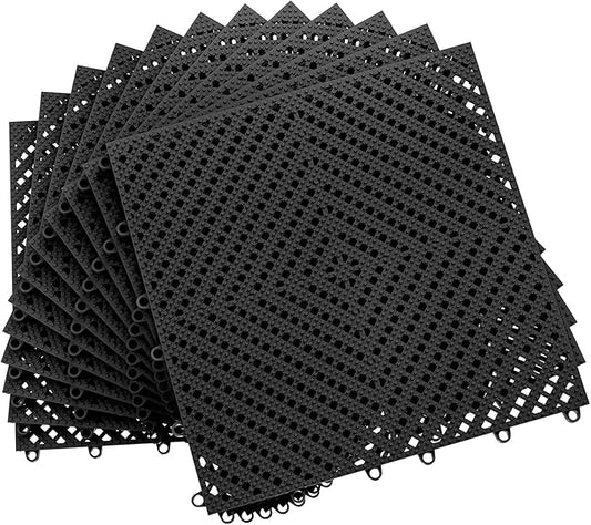 12-Pcs Interlocking Tile, Indoor/Outdoor Drainage Interlocking Floor Tiles 11.8" x 11.8", Anti-Slip Waterproof Soft PVC Splicing Flooring Tile for Garage Patio Pool Bathroom, Black