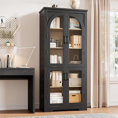 Garvee 70" Tall Kitchen Pantry Cabinet - Modern Display Cabinet with 4 Arched Glass Doors and Adjustable Shelves, Versatile Cupboard Organizers for Kitchen, Dining Room, Living Room, Bathroom, Black
