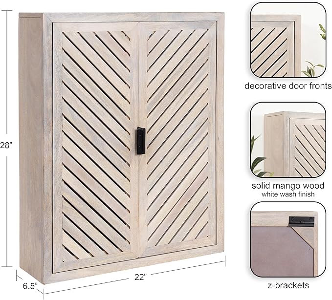 Kate and Laurel Mezzeta Decorative Coastal Two-Door Floating Bathroom Cabinet; 22 x 7 x 28; Whitewash; Decorative Over Toilet Storage Cabinet Made from Solid Mango Wood with Slatted Chevron Design