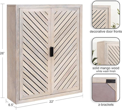 Kate and Laurel Mezzeta Decorative Coastal Two-Door Floating Bathroom Cabinet; 22 x 7 x 28; Whitewash; Decorative Over Toilet Storage Cabinet Made from Solid Mango Wood with Slatted Chevron Design