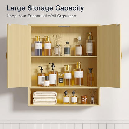 VECELO Rattan Bathroom Wall Cabinet, Medicine Cabinets with Adjustable Shelves, Wall Mounted Above Toilet Storage Organizer for Bathroom, Kitchen, Entryway