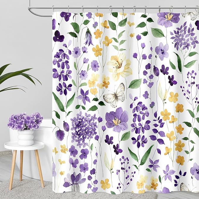 Long Shower Curtain 72 x 78 Inch, Tall Purple Yellow Floral Shower Curtains for Bathroom, Watercolor Flower Butterfly Fabric Shower Curtain Set with Hooks