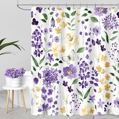 Extra Long Shower Curtain 72 x 84 Inch, Tall Purple Yellow Floral Shower Curtains for Bathroom, Watercolor Flower Butterfly Fabric Shower Curtain Set with Hooks