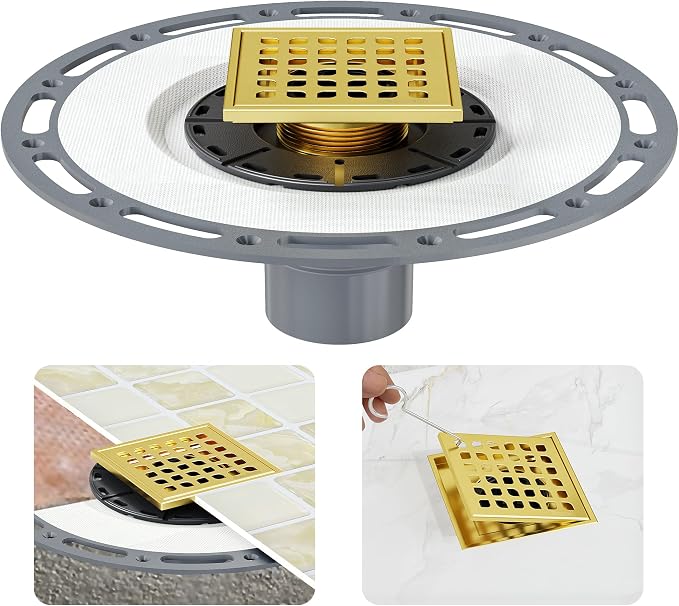 Neodrain 4" Gold Square Shower Drain, with Removable Grate/Drain Key | 304 Stainless Steel Floor Drain , PVC Bonding Flange Base with Anti-Wicking Fabric, For Low Profile Shower Pan