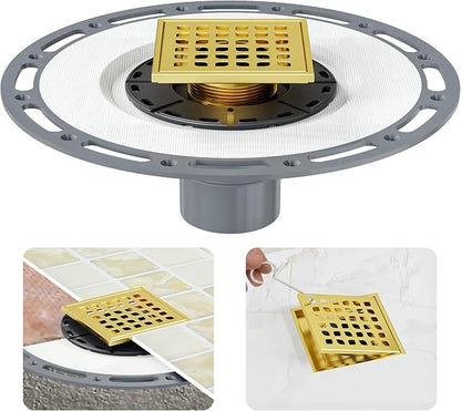 Neodrain 4" Gold Square Shower Drain, with Removable Grate/Drain Key | 304 Stainless Steel Floor Drain , PVC Bonding Flange Base with Anti-Wicking Fabric, For Low Profile Shower Pan