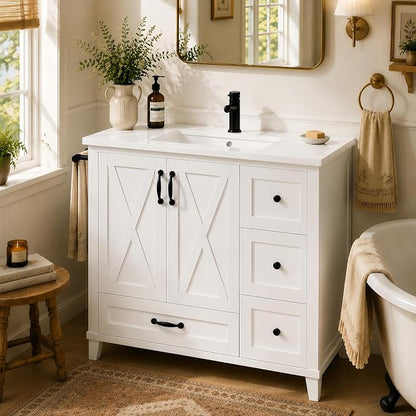 Bellemave 36" Bathroom Vanity with Sink, Bathroom vanities, Grey Bathroom Vanity with Drawers, Sink Cabinet, White, 36"