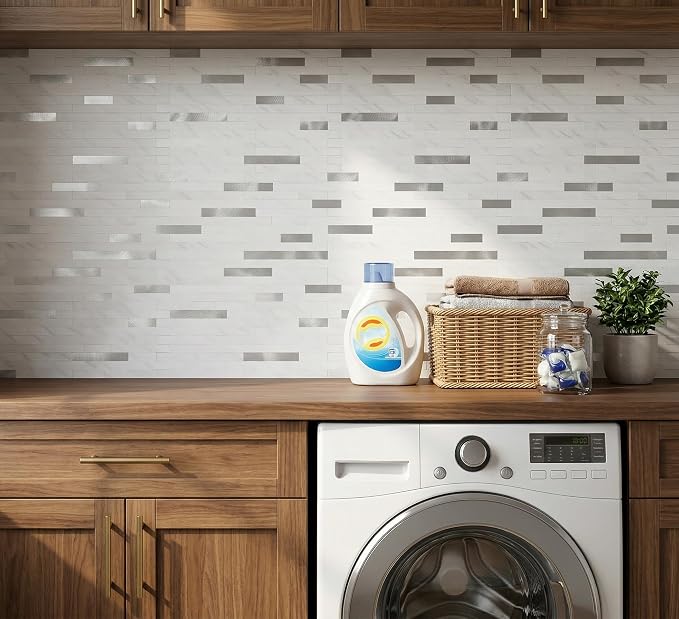 Yipscazo 10 Sheets Peel and Stick Stone Metal Tile Backsplash, Stick on Tiles for Backsplash Kitchen, Bathroom, Laundry Room, Camper, Fireplace (12'' X 12'', White Stone with Metal)