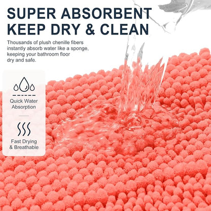 Smiry Thick Chenille Bathroom Runner Rugs 47x17, Absorbent Bath Mat, Coral | Quick‑Dry & Machine Washable, Non‑Slip Bath Carpet, Soft Striped Bath Rugs for Tub & Shower, Modern Home Decor Accessories