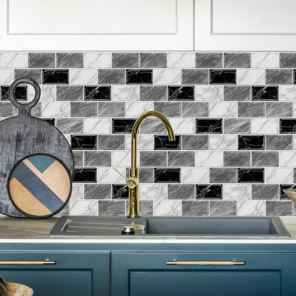 URCOLOR 10-Sheet Peel and Stick Backsplash Tile Sticker for Kitchen,12"x12" Self Adhesive Subway Wall Tiles Stick on Back Splashes for Bathroom White Gray Black White Marble Design