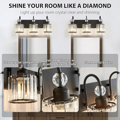 Bathroom Vanity Light Fixtures Over Mirror - Makeup Lighting Black - for Modern Wall, Bath, Desk, Farmhouse, Hallway (3 Crystal Lights)