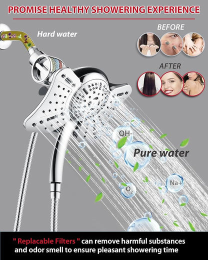 GRICH Shower Head with Handheld Spray - Dual High Pressure Showerhead | Rainfall Shower Heads Combo, Detachable Hand Shower, 9 Spray Settings, 60" Stainless Steel Shower Hose, 2.5GPM, Silver